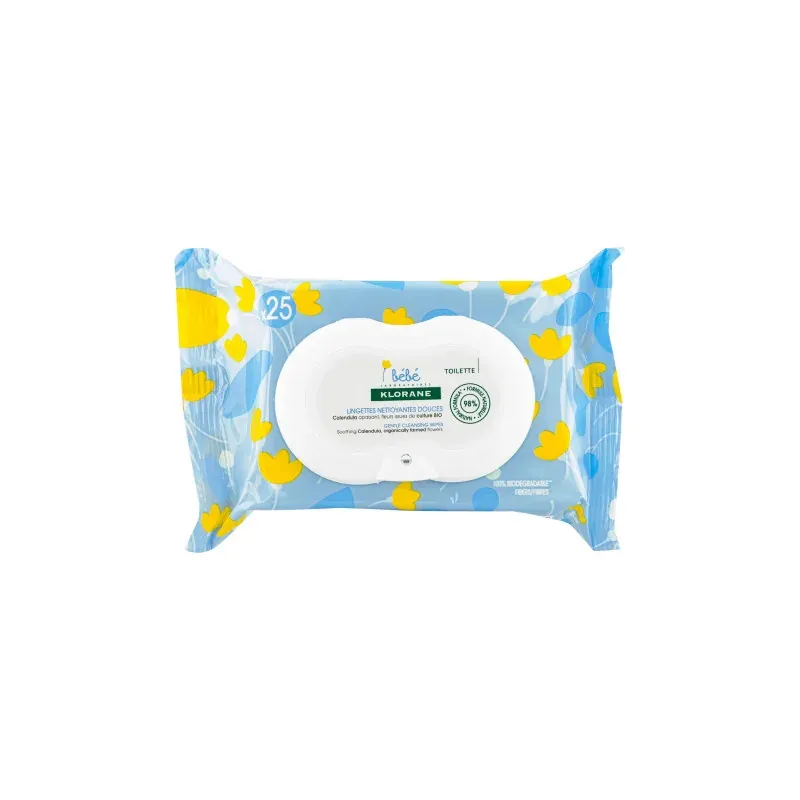 Klorane - Lingettes nettoyantes douces pour le corps au Calendula apaisant - Bébé - Peau normale à sèche 25 u